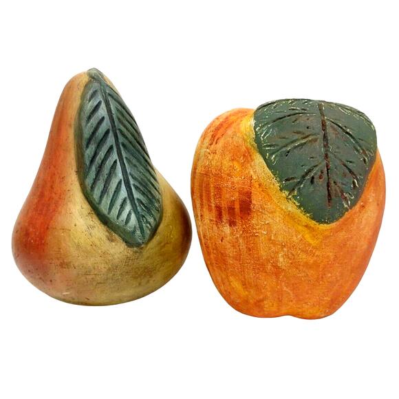 Chalked Ceramic Fruit Pair Apple and Pear Leaf Shelf Decor 6.5" Farmhouse - Picture 1 of 11